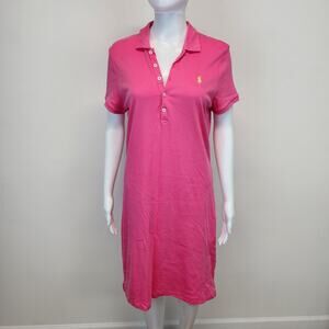 Ralph Lauren Cotton Polo Dress Size M Pink Collared Yellow Pony Preppy Vtg Y2K